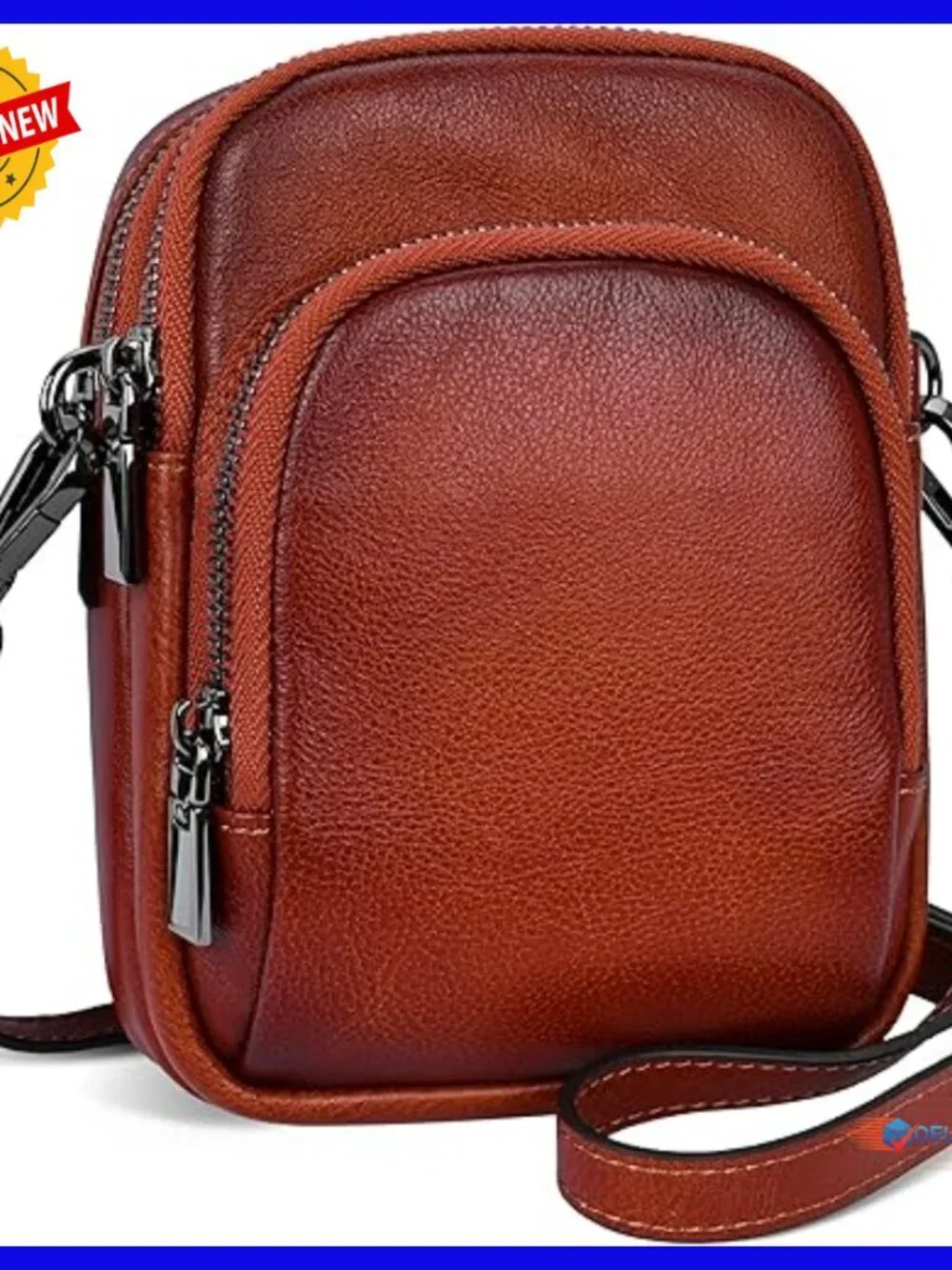 Genuine Leather Crossbody Bag with RFID, Adjustable Strap, 3 Zippered